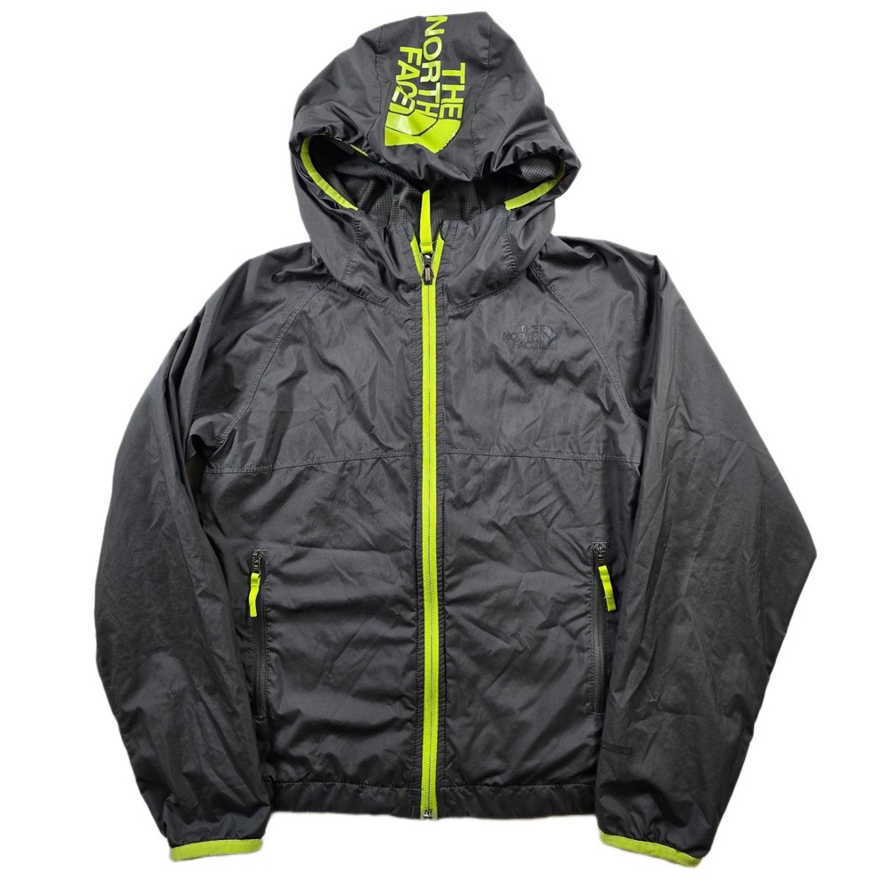 The North Face Windbreaker Jacket Boys S 7/8 Gray Neon Green Hooded Full Zip